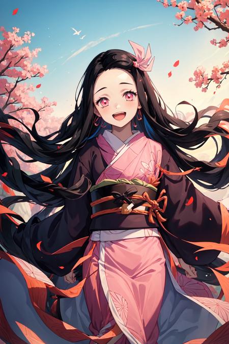 (((masterpiece))), nezuko, 1girl, black hair, forehead, hair ribbon, japanese clothes, kimono, long hair, multicolored hair, open mouth, pink eyes, pink kimono, pink ribbon, ribbon, smile, very long hair, sky,  <lora:nezuko-05:0.7>