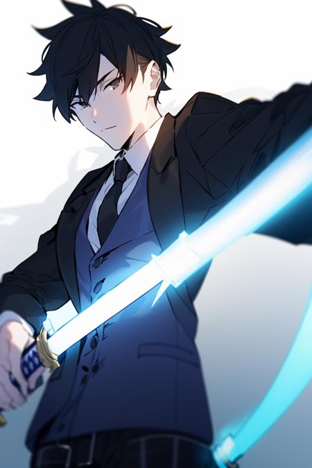 masterpiece, best quality,<lora:fstyle02-128-c:1>,fstyle02, weapon, solo, sword, black hair, 1boy, holding, male focus, holding weapon, holding sword, simple background, black pants, short hair, sheath, pants, black eyes, looking at viewer, grey background, jacket, unsheathing, long sleeves, katana, glowing weapon, glowing, closed mouth, black jacket, formal, necktie, bangs, drawing sword, suit, glowing sword, shirt, vest, black necktie, belt, cowboy shot