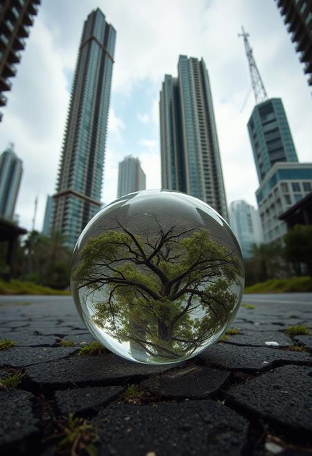 cinematic photo a post apocalyptic city,fallen skyscrapers, (windows are all broken:1.7), rusted rebar sticks from the fallen towers
everything is overgrown with moss and grass
trees are breaking through the cracked and broken tarmac of the roads, trees in the middle of the streets
worms eye view through a glass ball lying on the road, 35mm photograph, film, professional, 4k, highly detailed