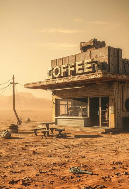 An outside view of a futuristic abandoned, partially destroyed lonely coffee shop, post apocalyptic barren planet, dry and dusty, parched surface, hot windy atmosphere, dust blowing