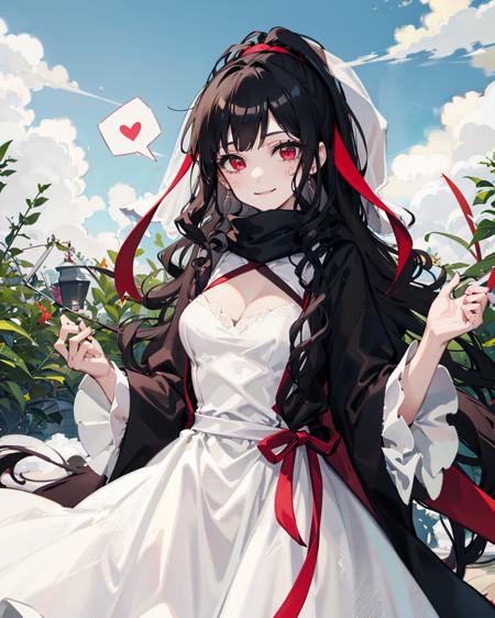 1girl,solo,standing, azami \(kagerou project\),  <lora:AzamiV1:0.85>,scales,((wedding dress)), cleavage, light smile, spoken heart, garden,outdoors, cowboy shot,