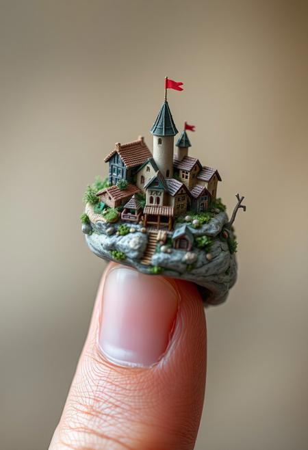 macro photography of a miniature little village on top of a miniature golem that's being balanced on the end of a finger. Highest-Quality, 4k, intricate details, visually stunning, Masterpiece