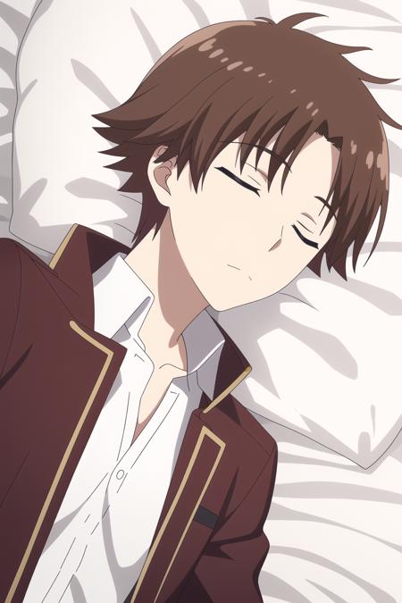 ayanokouji kiyotaka, 1boy, male focus, solo, brown hair, closed eyes, sleeping, lying, closed mouth, on bed, red coat,