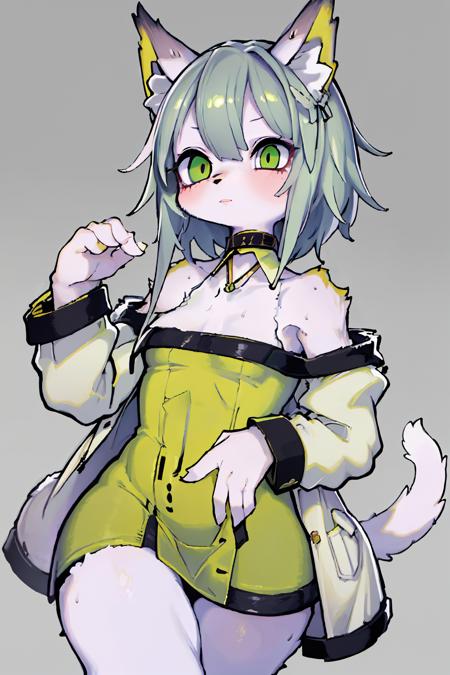 ((masterpiece, best quality)), furry, animal ears, tail, 
((1girl, mature female, milf, short hair, thighs, seductive pose, small breasts, shiny body, skindentation, animal ears, parted lips, )), (( normal, green dress, jacket, bare shoulders, choker, )), ((masterpiece, absurdres, solo , simple background, dynamic pose, high detailed, cinematographic lights )) ,