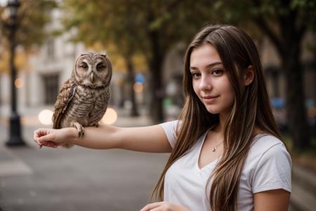 from below,photo of a 18 year old girl,standing,a owl standing on her arm,happy,ray tracing,detail shadow,shot on Fujifilm X-T4,85mm f1.2,sharp focus,depth of field,blurry background,bokeh,lens flare,motion blur,<lora:add_detail:1>,