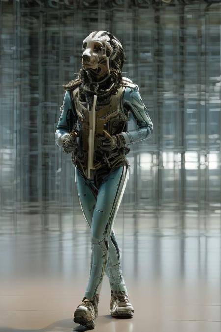 a ,fish  , head, on a woman's ,fish body, running down a street, with a plane on her back
