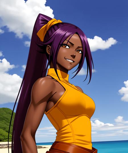 (yoruichi:1.1),, long hair, looking at viewer, smile, bare shoulders, yellow eyes, ponytail, purple hair, outdoors, one eye closed, sky, day, cloud, dark skin, dark-skinned female, ocean, parody,
 <lyco:yoruichiDogu:0.9>