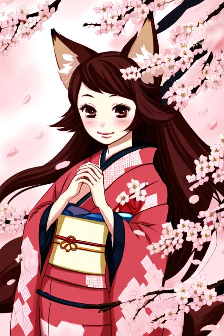 1 girl, fox ears, kimono, cherry blossoms, petals, hoshino lily <lora:retrocute:0.8>