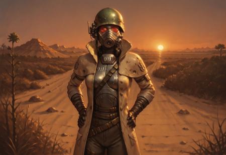 score_9, score_8_up, score_7_up, 1dk, a tall woman standing atop a hill, hands on hips, (shotgun strapped to her back), 

(CourierSixCOS,gloves,1girl,belt,armor,coat,mask,helmet,trench coat,gas mask shoulder armor,gauntlets,pauldrons, big khaki napsack:1)

(outdoors, sunrise, desert, mojave desert, shrubs, valley)