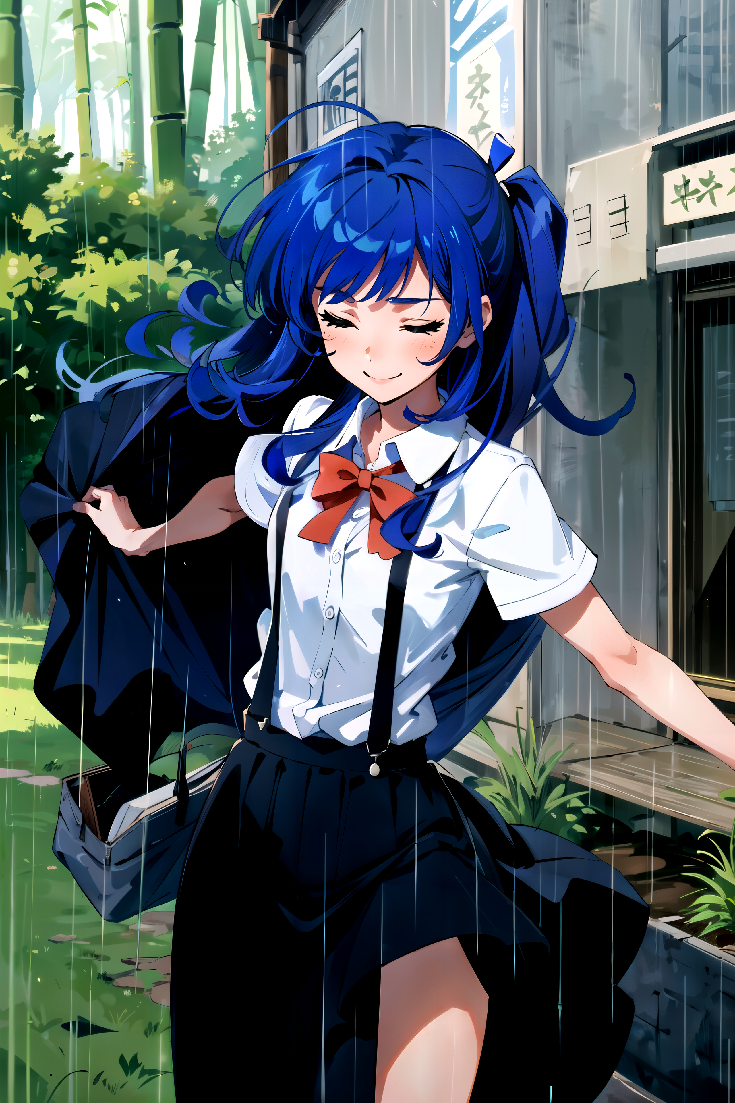 ((best quality)), ((masterpiece)), (detailed), 1girl, bamboo, bamboo forest, blue hair, bow, closed eyes, cowboy shot, emp...