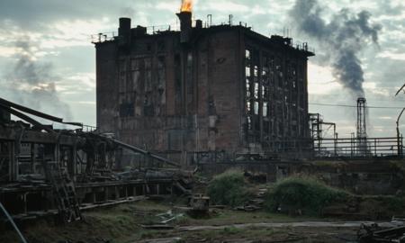 a movie still of landscape of industrial ruins, cinematic, fog, gloomy, dark, scary, master piece, dramatic light, ultra detailed, ultra high quality, sharp focus, 8k uhd, dslr, soft lighting, high quality, 25mm f1.4, film grain, fujifilm xt3, by  Andrei Tarkovsky
