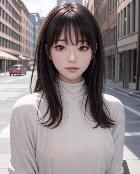 pureerosface_v1, best quality, photorealistic, 8k, high res, 1girl, woman, (skindentation), (portrait:0.6), ((cityscapebackground:1.6, smallsize round breast, highneck sweater:1.5)), straight-looking at viewer:1.8, (1girl eyes looking at viewer:1.45, medium-length hair, blackhair, partedbangs:1.45), photorealistic, (bokeh),   <lora:CBAV-saika:0.65>