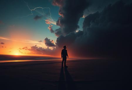 A cinematic and dark scene of a man standing on a deserted beach at sunset, with the sun dipping behind the ocean and long shadows stretching across the sand. The sky is ominous with cracks of light and swirling dark clouds, hinting at another dimension breaking through. The man looks lost, wearing a simple jacket, his silhouette outlined against the glowing horizon. The setting feels eerie, with faint hints of shadowy creatures or smoke-like tendrils emerging from the edges of the scene. The overall tone is mystical and slightly surreal.