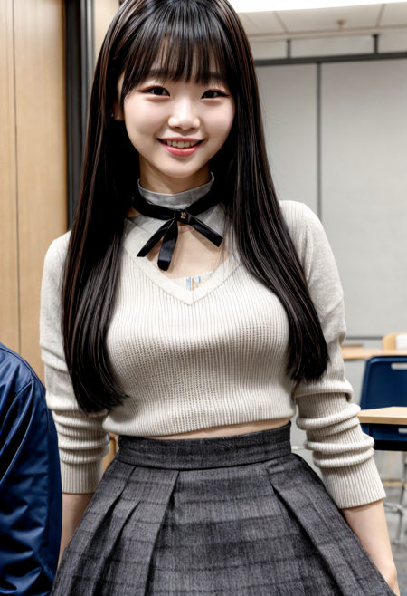 A korean girl in school, black hair, small nose, smile, cute, choker, raising the skirt, long hair, big tits, <lora:KoreaG-01:0.4>  <lora:add_detail:0.8>