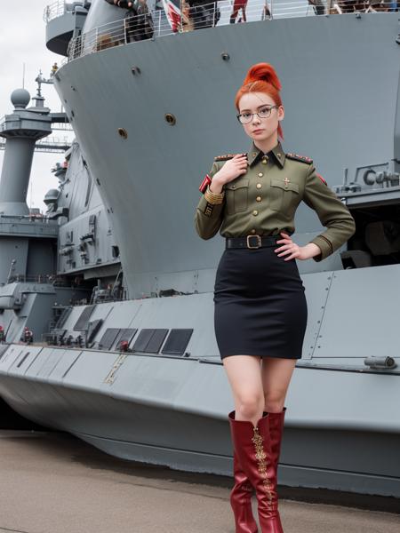 raw photo, 35mm photography, 20y old russian female military officer with glasses and a fiery red ponytail haircut posing with her hands on her hips on deck of a modern battleship, midi  pencil skirt, heels, detailed face, detailed eyes, ultra detailed hair, heavy makeup, lipstick, arrogant facial expression, intricate uniform, Shaft boots, feminine, elegant, romanic and german influence, insignia, embellishments,