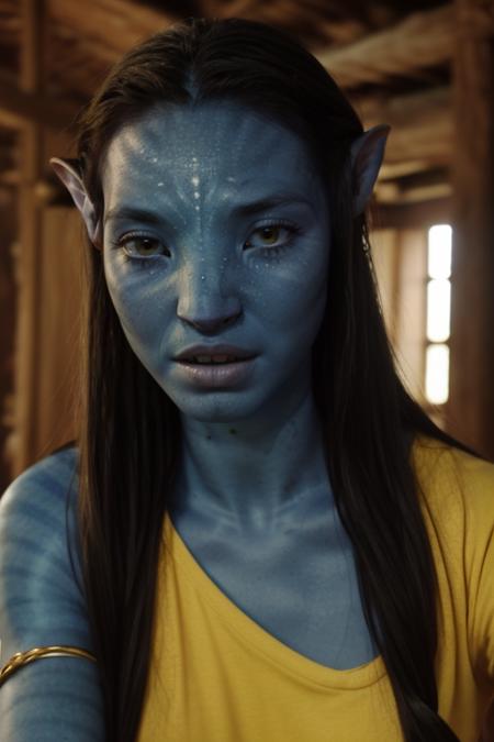 (masterpiece, best quality, high quality), (good body, good proportion, good anatomy, good fingers, good hands), <lyco:GoodHands-beta2:1> 1girl, blue skin, neytiri, avatar \(movie\), yellow eyes, white shirt, bracelet, jewelry, tail, portrait, eyebrows, lips, <lora:Neytiri:0.6> <lora:DindaLora:0.8> black hair, 1girl, solo, long hair, black eyes, small breasts, forehead