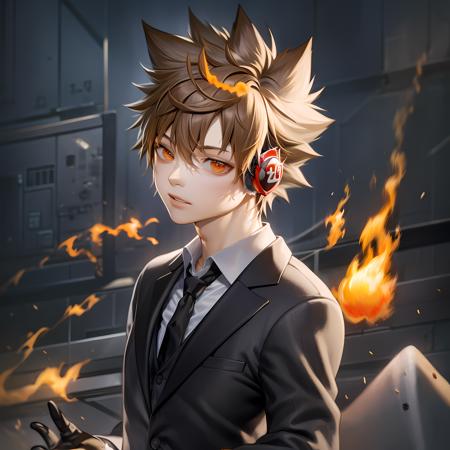 ((masterpiece, best quality)),(complex lighting),tsuna , solo, upper body, 1boy, <lora:TsunaSawada1-10:0.8>, brown hair, gloves, 1boy, brown eyes, upper body, headphones, male focus, necktie, formal, suit, fire, black necktie, burning bangs,