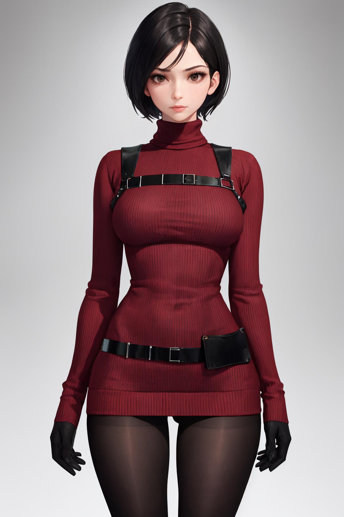 A 3D model of a woman wearing a red top, black belt, and black leather straps.
