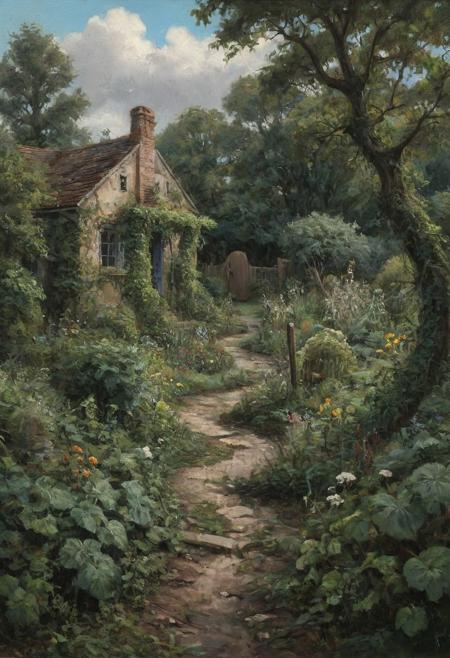 dramatic garden scene with a lush, overgrown landscape. The layout features a dusty path curving through a neglected garden, plants and flowers spreading out of control. On the path, an old man his clothes tattered and torn, leaning on a walking stick, looks about him, Tall trees their thick trunks overgrown with ivy, and dense foliage frame the left side of the image, while the background is filled with more trees and greenery. on the right side of the path al dilapidated building, its windows broken and door open. A dark cloud drifts across the blue sky, giving the garden an ominous atmosphere. oil painting