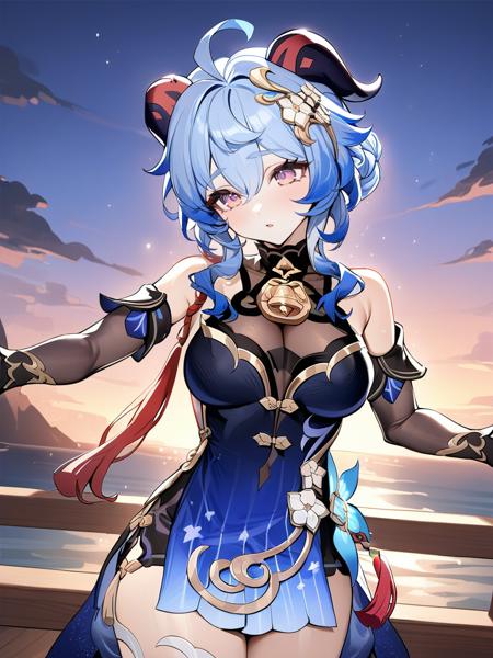 ganyu is a girl with light blue hair purple eyes and horns,She is wearing the "xuanyuyaofang" outfit which includes blue china dress and black black sleeves