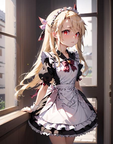 girl, illya, red eyes, blonde hair,
white and black maid uniform, looking afar, indoor, by the window, from side,
<lora:illya_sdxl_4:1.3> ,