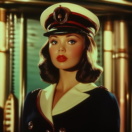 ArsMovieStill, movie still from a 1930s technicolor movie, The image shows a woman in a sailor's uniform standing in front of a ship wearing a cap and surrounded by various objects in the background., 1girl, hat, solo, red lips, upper body, brown hair, uniform, realistic, lips, blurry