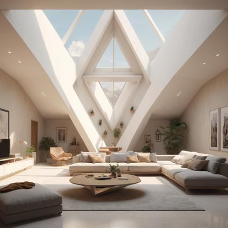 photorealist modern minimalist living room inside a piramide shape room, photorealist, masterpiece, 4k, high details