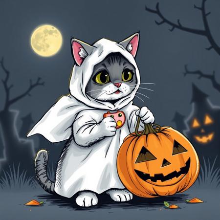 drawing of a cat doing trick or treat, cat wearing ghost costume, cat holding pumpkin bag with mouth, night