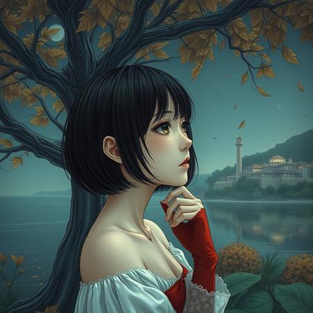 (photorealism:1.5)
Tomie Kawakami from Junji Ito collection,  thoughtful expression, gazing at the majestic tree, falling leaves,  calm coastal village in the background, night time, pale colors, high contrast, hyper-realistic, serene atmosphere, pensive pose, detailed, high-definition, reflective mood, peaceful setting,
slight freckles, long eyelashes, thick eyebrows, torn pelvic sheer curtain, bridal gauntlets, torn red dress,