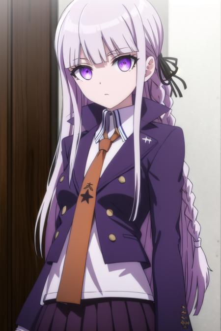 kyokokirigiri, <lora:kyouko kirigiri s1-lora-nochekaiser:1>,
kyouko kirigiri, long hair, bangs, ribbon, (purple eyes:1.1), hair ribbon, purple hair, braid, single braid, side braid,
BREAK skirt, shirt, gloves, long sleeves, jacket, white shirt, pleated skirt, open clothes, necktie, collared shirt, black skirt, open jacket, black jacket, black ribbon, brown necktie,
BREAK outdoors, classroom,
BREAK looking at viewer, (cowboy shot:1.5),
BREAK <lyco:GoodHands-beta2:1>, (masterpiece:1.2), best quality, high resolution, unity 8k wallpaper, (illustration:0.8), (beautiful detailed eyes:1.6), extremely detailed face, perfect lighting, extremely detailed CG, (perfect hands, perfect anatomy),