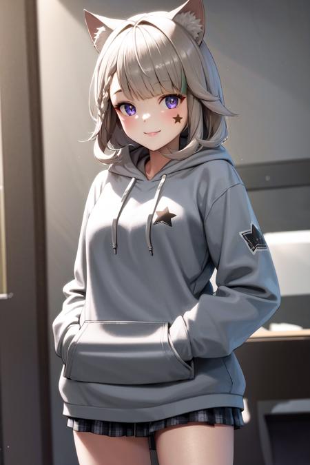 masterpiece, best quality, highres, 1girl star \(symbol\) <lora:lynette_no_outfit:1> hoodie, hands in pockets, smile