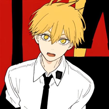 denji \(chainsaw man\), 1boy, black necktie, black pants, collared shirt, long sleeves, necktie, yellow hair, short hair,  solo, uniform, white shirt, yellow eyes, 1 man, blond hair, 

 <lora:chainsawmanED4style:0.7>   <lora:denjiChainsawMan_denjiChainsawMan:0.7>