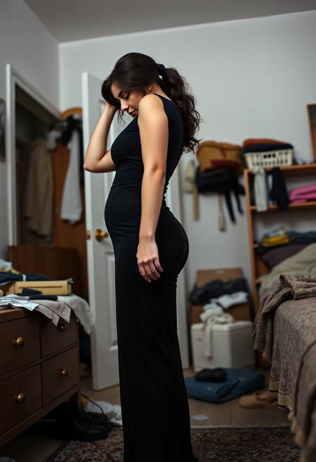 a (fully clothed:1.4) 26 year old white girl standing in a (messy bedroom:1.4) and looking down at floor while she puts her hair in a pony tail
wearing a long form fitting (black maxi dress:1.4) which accentuates her body
girl is 5'9" tall with a natural thick body and is slightly overweight, with pale skin, dully wavy dark black hair with, small boobs, slim waist, wide hips, thick thighs, naturally big butt
has on black eye shadow, black eye liner, and long fake eyelashes
side angle pov capturing the right side of the girl