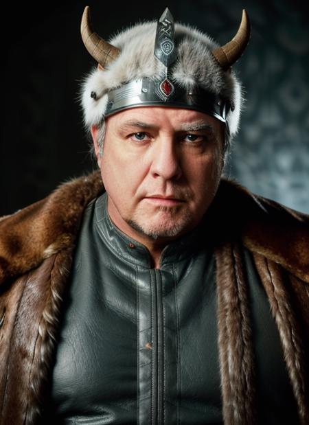 (<lora:MarlonBrandoOld:1>) a Portrait photo of (mbo1) man with grey hair, Detailed face, (perfect eyes), (highly detailed skin:1.1), fat body, wearing a ((Fur-trimmed tunic, horned helmet, battle axe, shield, leather boots)), Modelshoot style, Professional Photography, soft lighting, PHOTOREALISTIC, Realistic, standing in a dark studio background, blurred background, volumetric fog,. RAW, analog style, sharp focus, 8k, HD, DSLR, high quality, Fujifilm XT3, film grain, award winning, masterpiece,