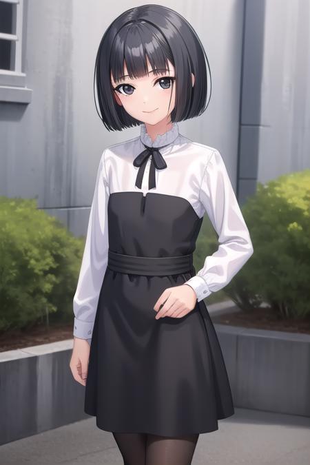 Jinguuji Maya short hair,black hair,bob cut,blunt bangs,black eyes neck ribbon,black ribbon,white shirt,black dress,long dress,shirt under dress,black bow,long sleeves,flat chest,black pantyhose,white footwear