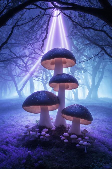 misty enchanted forest, glowing mushrooms scattered on the forest floor, ancient trees with twisting branches, soft blue and purple lighting, gentle fog rays through trees, fantasy magical vibe, high detail forest floor