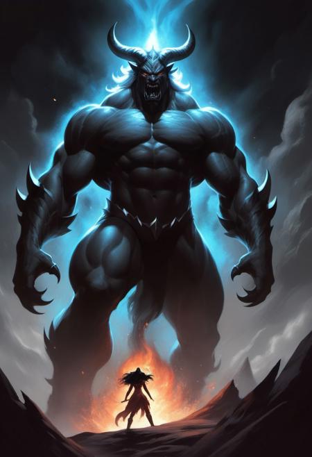 comicbookpencils, a charcoal pencil sketch, 
1girl, 1boy, a goddess titan monster woman, full figure concept art, long shot, fight scene, action scene, dynamic angle, (a goddess titan woman by), (female Titan with dark skin, horns, claws, fangs, snarling, round glowing eyes and liquid fire dripping from her mouth), veiny arm, glowing eyes, lifting a human man up by the throat, mountain top in a dark sky filled with swirling galaxies, demons cowering in the edges, angel-like warriors in the background