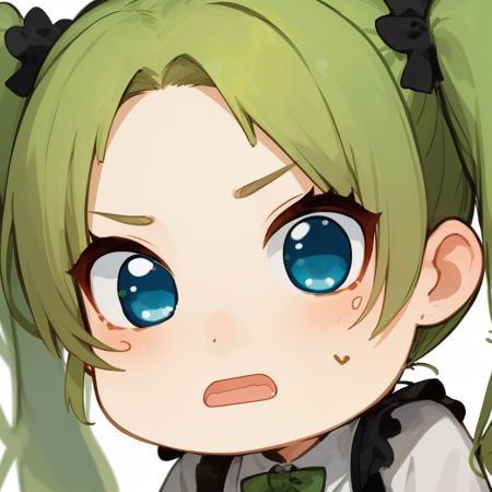 close up,chibi girl,blue eyes,GREEN twintails,huh face, <lora:HuhFace:1>