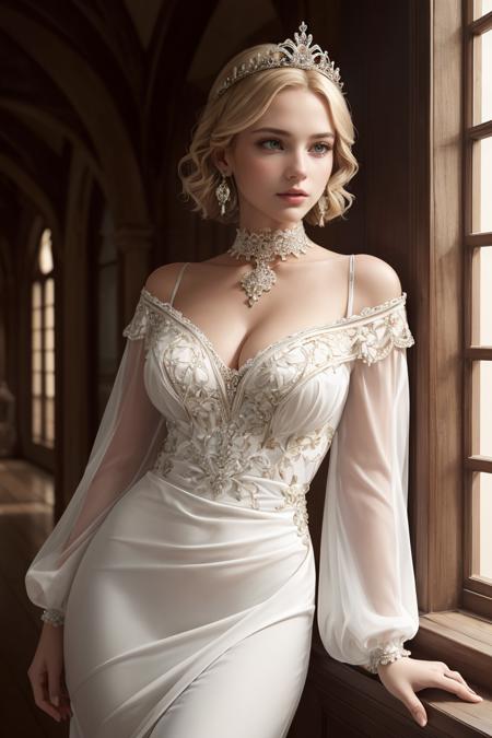 (masterpiece), (extremely intricate:1.3), (realistic), portrait of a girl, solo, jewelry, earrings, dress, short hair, breasts, indoors, white dress, realistic, long sleeves, cleavage, wide sleeves, choker, tiara, window, lips, painting (object), medium breasts, collarbone, blonde hair, crown, standing,trending on ArtStation, trending on CGSociety, Intricate, High Detail, Sharp focus, dramatic,old, medieval architecture,