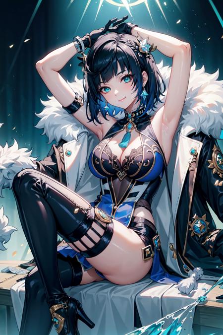 (masterpiece), (highres), yelan, 1girl, solo, looking at viewer, smile, short hair, large breasts, black hair, gloves, dress, cleavage, jewelry, sitting, green eyes, blue hair, jacket, flower, earrings, sleeveless, black gloves, elbow gloves, white gloves, blunt bangs, armpits, water, mole, high heels, arms up, bracelet, fur trim, blue dress, white jacket, tassel, knee up, mole on breast, jacket on shoulders, vision (genshin impact), fur-trimmed jacket, dice, diagonal bangs, <lora:yelan-07:0.6>