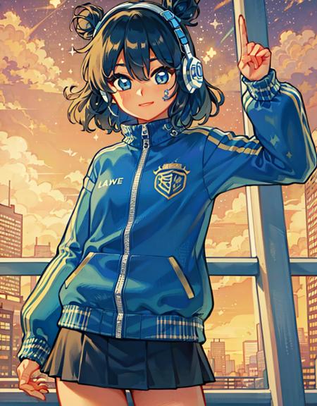 1girl, blue hair, double bun, short hair, headphones, skirt, jacket, shorts, soda, futuristic city, 
(detailed ladscape:1.2), (dynamic_angle:1.2), (dynamic_pose:1.2),
(masterpiece:1.2), (best quality, highest quality), (ultra detailed), (8k, 4k, intricate), (cowboy shot:1), (highly detailed:1.2),(detailed face:1),(gradients),(ambient light:1.3),(perfect_anatomy:1.2), cinematic composition,
 <lora:Bobotae_Style:0.75>