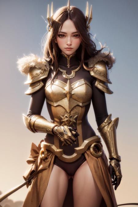 (masterpiece, best quality:1.2), <lora:lol_leona-10:1>, cowboy shot, solo, 1girl, leona \(lol\), slight smile, closed mouth, hair ornament, brown eyes, armor