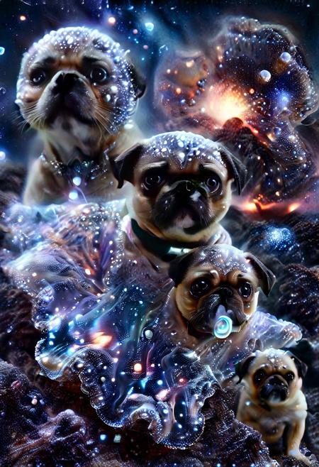 Text:"Please save the clams and oysters from this nonsense."
meme, alien holding pug, (photo inset of volcano), double exposure, laser background or space background, Xenomorph1024, family photo