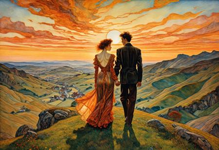portrait of a gorgeous a couple holding hands in the sunset on a marvelous hill, by (egon schiele, josephine wall, hr giger)