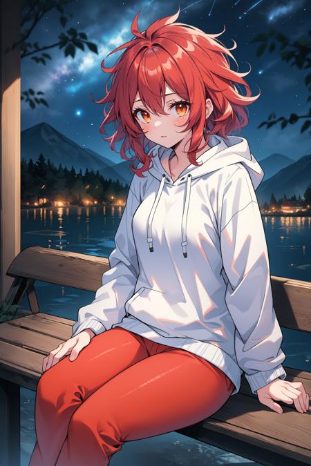 best quality,1girl, dark, night, sitting on bench, backyard, vibrant night sky, looking up, messy hair, red hair, orange eyes, summer night, hoodie, capri pants, hood up, dynamic lighting, intricate detail,