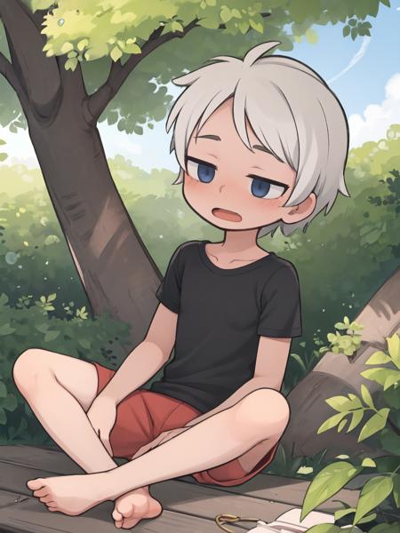 best quality, masterpiece,
1boy,
solo,
jitome,
looking to the side, blush, open mouth,
very short hair,
sitting, against tree, beach, leaning back,
t-shirt, shorts,
feet out of frame,
<lora:EyeControl_Jitome_v2:1.2>