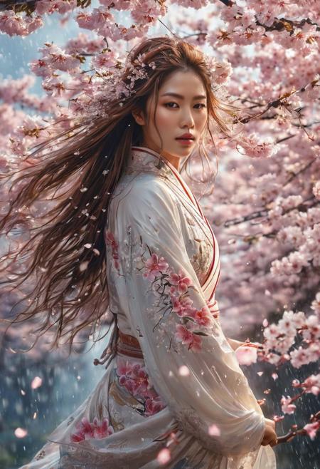 Beautiful women with long hair, 
look into the camera, 
in the cherry blossom rain, 
art by Ryohei Hase, 
dress is flying in the wind, 
full body, 
intricate details, 
liquid structure, 
clear lines, 
stunning, 
something that even doesn't exist, 
mythical being, 
energy, 
molecular, 
textures, 
iridescent and luminescent scales, 
breathtaking beauty, 
pure perfection, 
divine presence, 
unforgettable, 
impressive, 
breathtaking beauty, 
Volumetric light, 
auras, 
rays, 
Miki Asai Macro photography, 
close-up, 
hyper detailed, 
trending on artstation, 
sharp focus, 
studio photo, 
intricate details, 
highly detailed, 
by greg rutkowski