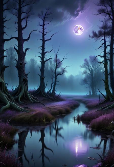 landscape of a swamp at night, rise of full huge dark purple moon lighting up the scene with eerie blue-purple hues, intricate details of trees and water reflections, fog on background, moody atmosphere
dagobahlnd  <lora:DagobahLnd:0.7>, extremely high quality RAW photograph, detailed background, intricate, exquisite details and textures, highly detailed, ultra detailed photograph, warm lighting, artstation, sharp focus, high resolution, detailed skin, detailed eyes, 8k uhd, dskr, high quality, film grain, Fujifilm XT3