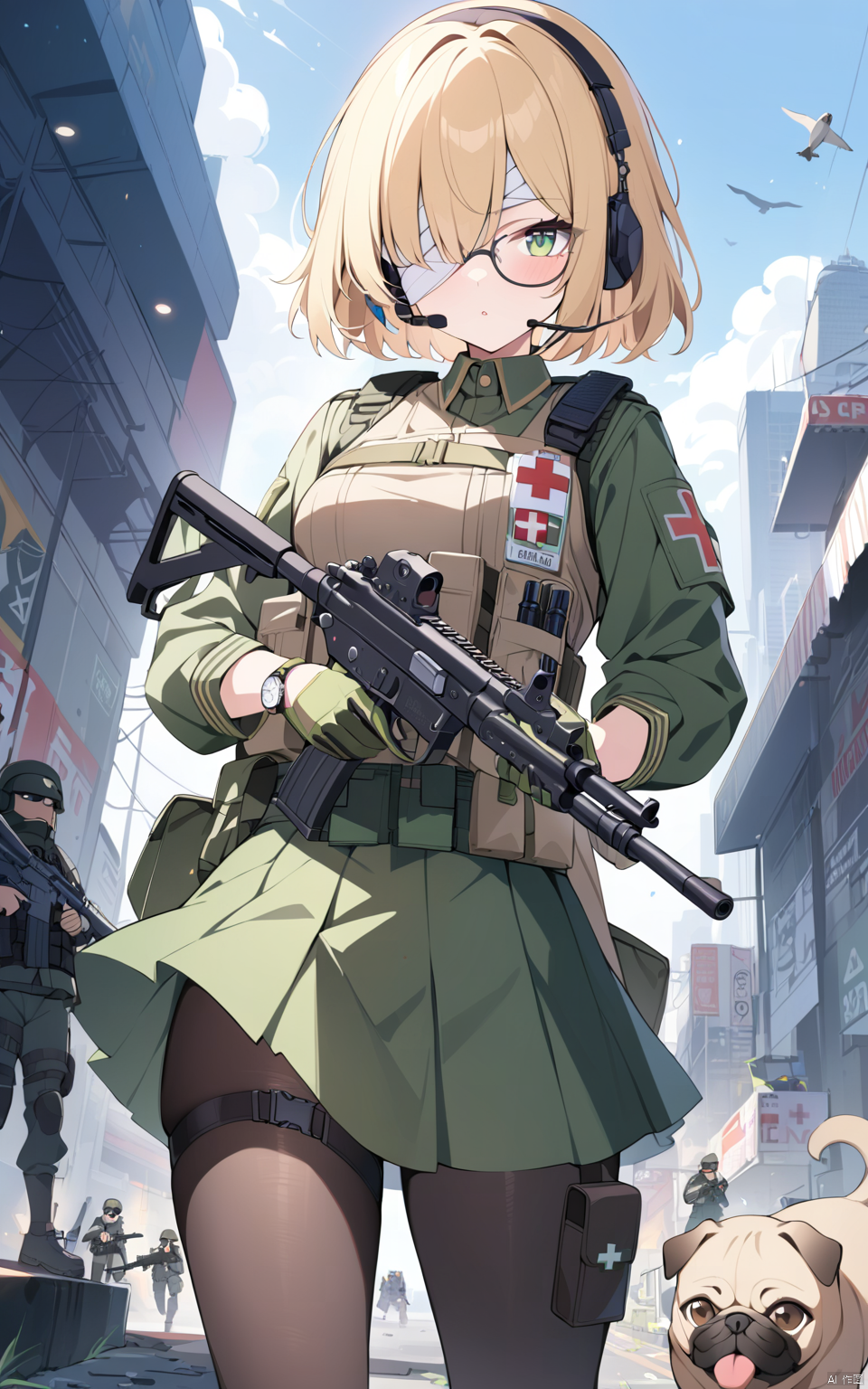 1girl, best quality, uniform, microphone, assault rifle, thigh holster, military uniform, weapon, skirt, glasses, gloves, ...