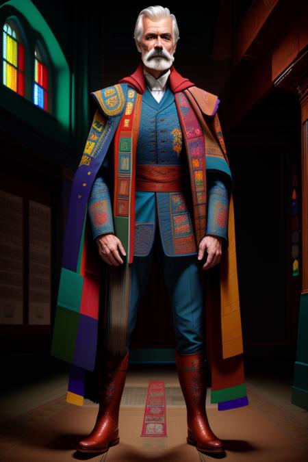 a detailed (full body:1.2) from side, (from distance:1.3) photography of a man, colorful patches, billowing gleeman cloak, red pants, white shirt, boots, (symbols, musical notes on patches, intricate needlework:1), mustache
realism, dynamic shadows, uhd, 8k, modelshoot style, 
night, darkness
in  victorian city  <lora:Thom Merrilin_g2_e1_09:0.9> <lora:LoconLoraOffsetNoise_locon0501:1.0>